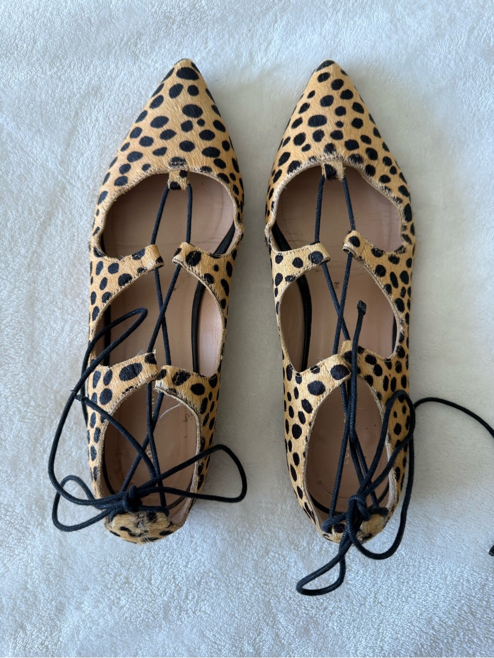 Loeffler Randall Leopard Print Pointed Lace-Up Flats - Tan/Black